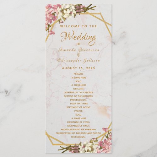 Floral Geometric Marble Gold and Orchids Wedding Program