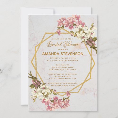 Floral Geometric Marble Gold Orchids Bridal Shower Invitation