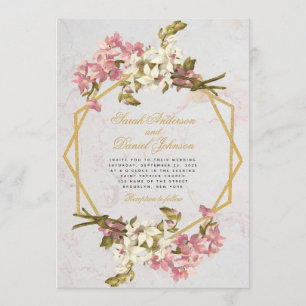 Floral Geometric Marble Gold Pink Orchids Wedding Invitation