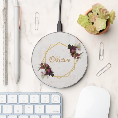 Floral Geometric Name Gold Burgundy Peonies Marble Wireless Charger