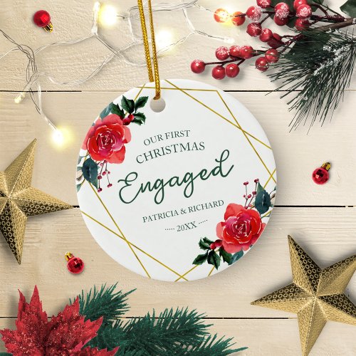 Floral Geometric Our First Christmas Engaged Ceramic Ornament