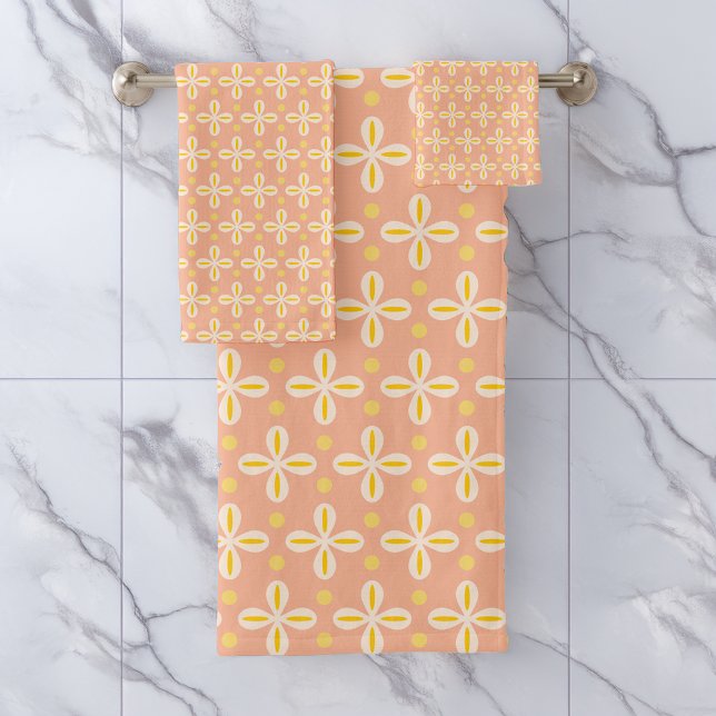 Floral Geometric Pattern Peach Yellow Cream Bath Towel Set (Creator Uploaded)