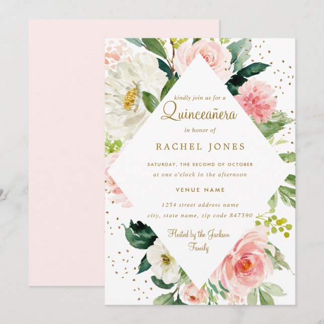 Floral Geometric Pink Blush Gold Quinceanera Invitation (Front/Back)