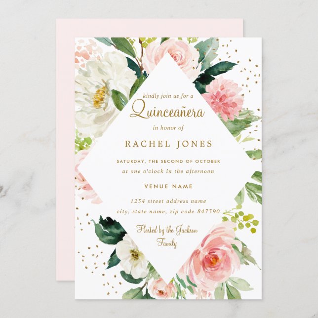 Floral Geometric Pink Blush Gold Quinceanera Invitation (Front/Back)