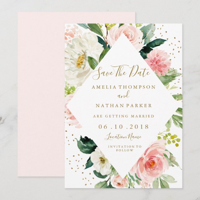 Floral Geometric Pink Blush Gold Save The Date Invitation (Front/Back)