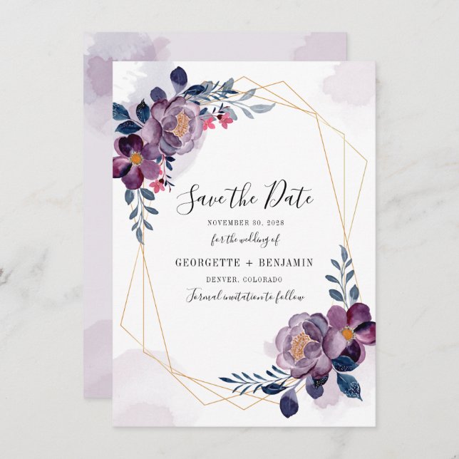 Floral Geometric Purple Foliage Wedding Save The Date (Front/Back)