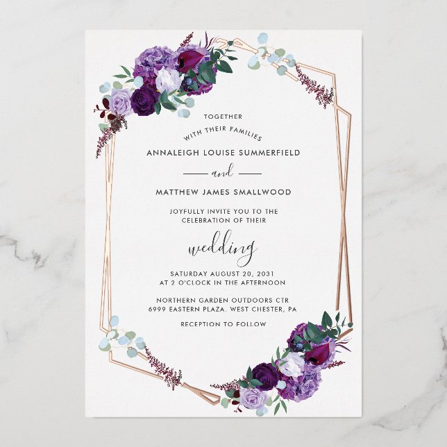 Floral Geometric Purple Modern Rose Gold Foil Invitation (Front)