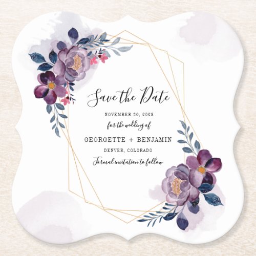 Floral Geometric Purple Wedding Save the Date Paper Coaster