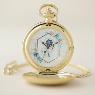 Floral Geometry, Elegant Blue Ornament Pocket Watch