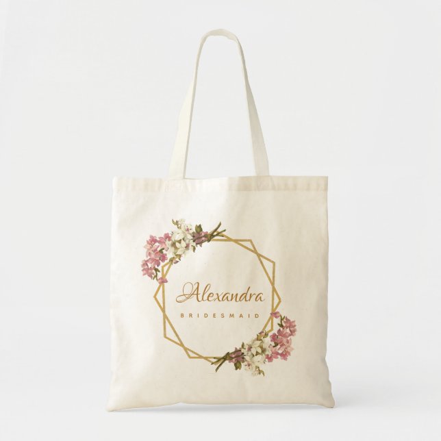Floral Geometry Gold Orchid Calligraphy Bridesmaid Tote Bag (Front)