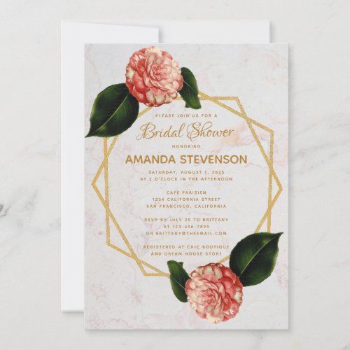 Floral Geometry Marble Gold Camellia Bridal Shower Invitation