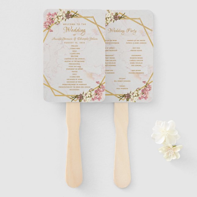 Floral Geometry Marble Gold Orchid Wedding Program Hand Fan (Front and Back)