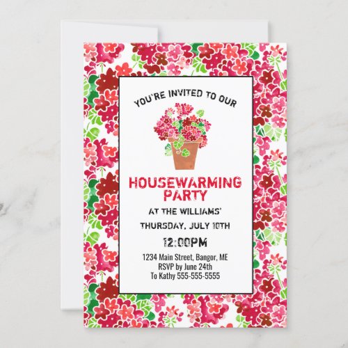 Floral Geranium Pink Coral Red House Warming Party Invitation