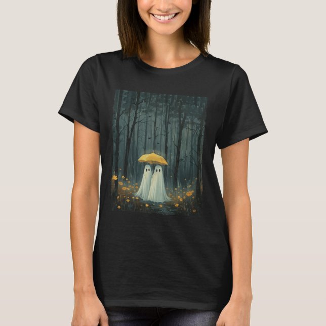 Floral Ghost Holds Umbrella Couple Spooky Season W T-Shirt (Front)