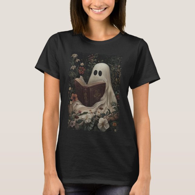 Floral Ghost Reading Book Halloween Costume Gothic T-Shirt (Front)