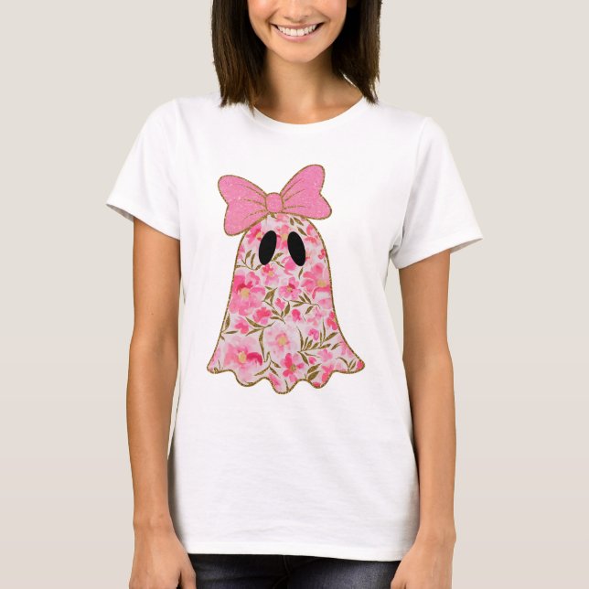 Floral Ghost T-Shirt – Cute Pink & Gold Glitter  (Front)