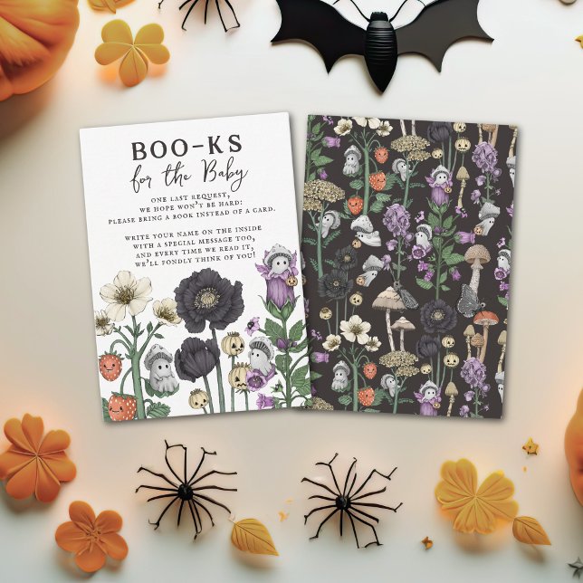 Floral Ghosts Halloween Baby Shower Book Request Enclosure Card (Cute cottagecore Halloween baby shower invitation enclosure cards to request books instead of cards.)