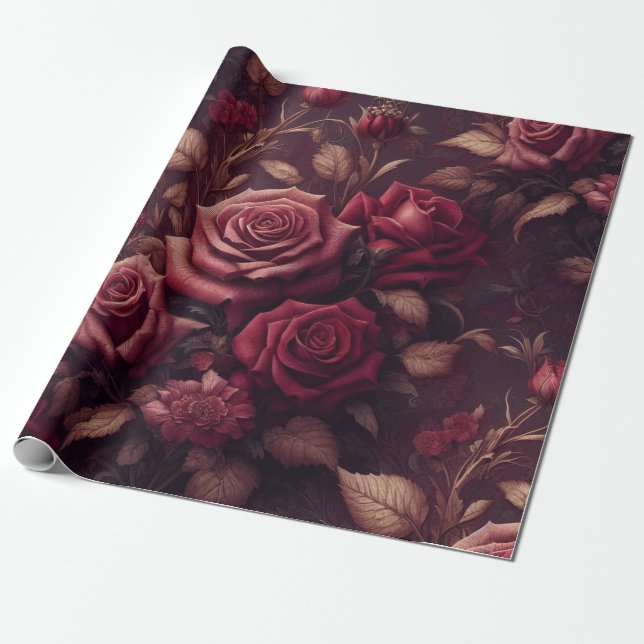 Floral Gift Wrapping Paper - Burgundy and Red (Unrolled)