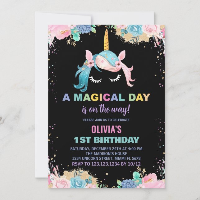 Floral Gillter Unicorn Birthday Invitations (Front)