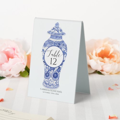 Floral Ginger Jar Blue White Chinoiserie Wedding Table Tent Sign