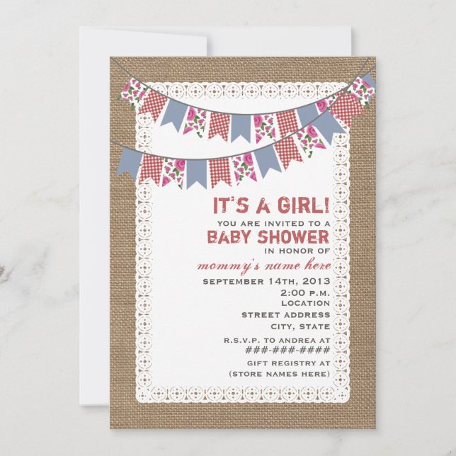 Floral & Gingham Bunting Burlap Inspired Girl Baby Invitation (Front)