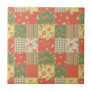 Floral Gingham Patchwork Vintage Farmhouse Look Ceramic Tile