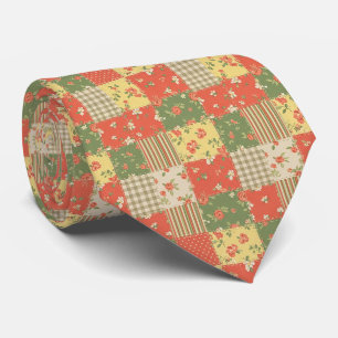 Floral Gingham Patchwork Vintage Farmhouse Look Neck Tie