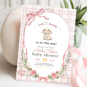 Floral Gingham Pink Bow Cute Bunny Baby Shower Invitation