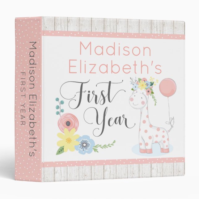 Floral Giraffe Baby Girl First Year Scrapbook 3 Ring Binder (Front/Spine)