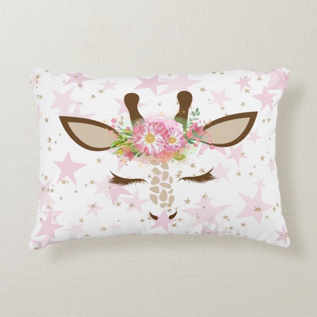 Floral Giraffe on Pink Stars Accent Pillow (Front)
