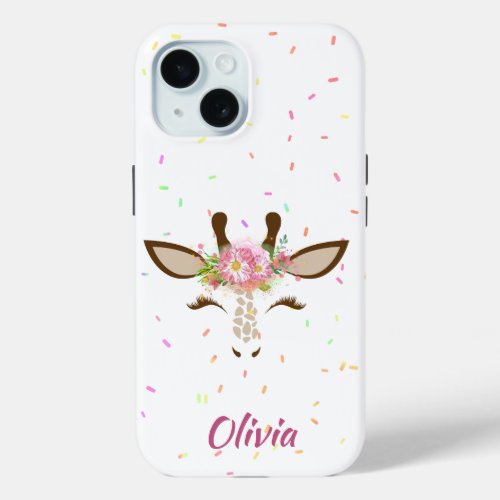 Floral Giraffe on Sprinkles Personalized iPhone 15 Case