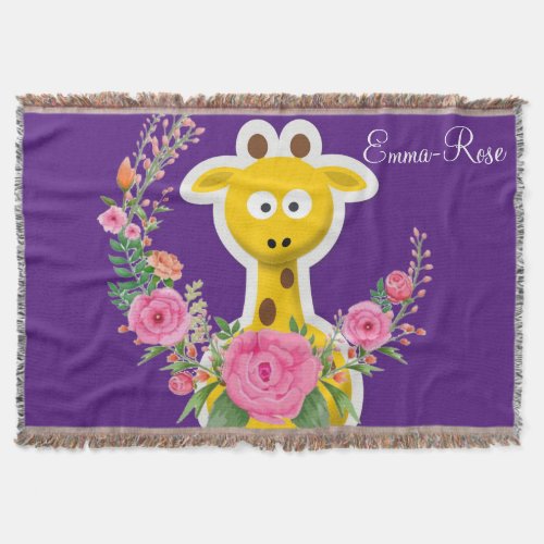 Floral Giraffe Pink Roses Purple Throw Blanket