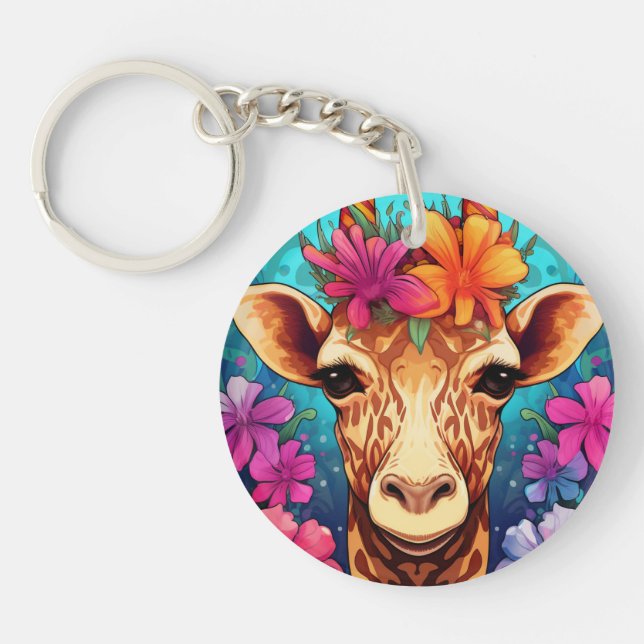 Floral Giraffe Portrait-93132 Keychain (Front)