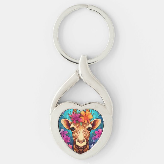 Floral Giraffe Portrait-93132 Keychain (Front)