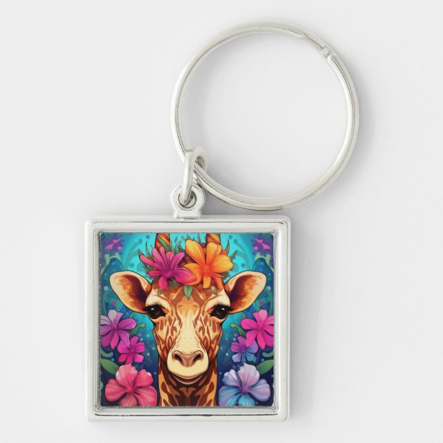 Floral Giraffe Portrait-93132 Keychain (Front)