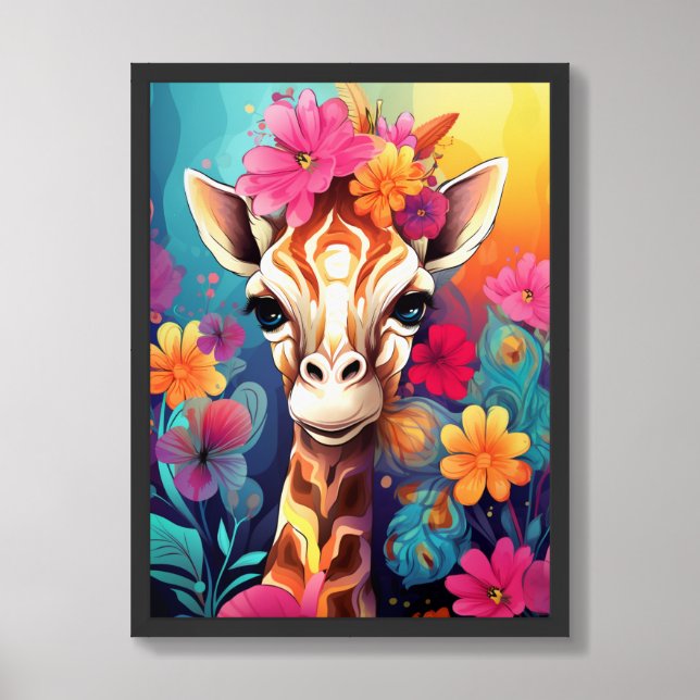Floral Giraffe Portrait-93192-11 Framed Art (Framed Front)