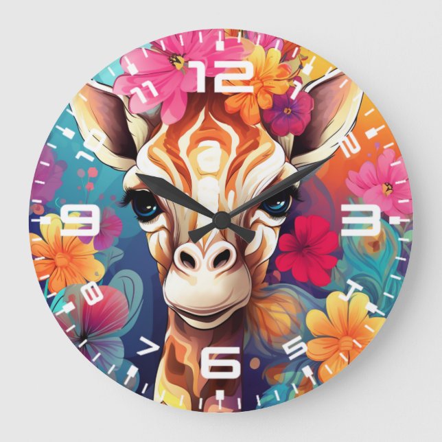 Floral Giraffe Portrait-93192-11 Large Clock (Front)