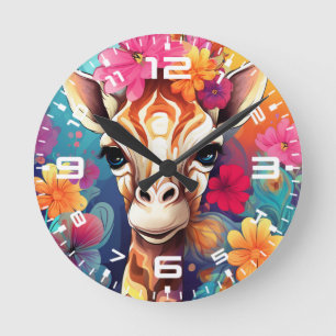 Floral Giraffe Portrait-93192-11 Round Clock