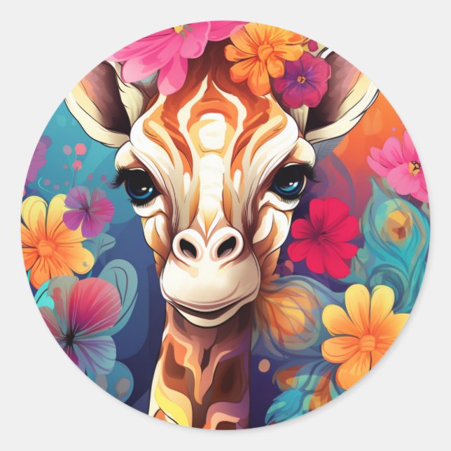Floral Giraffe Portrait-93192 Classic Round Sticker (Front)