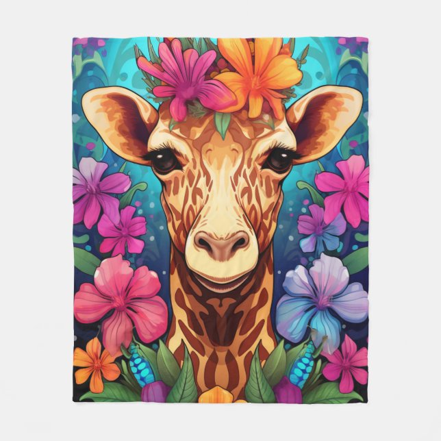 Floral Giraffe Portrait-93192 Fleece Blanket (Front)
