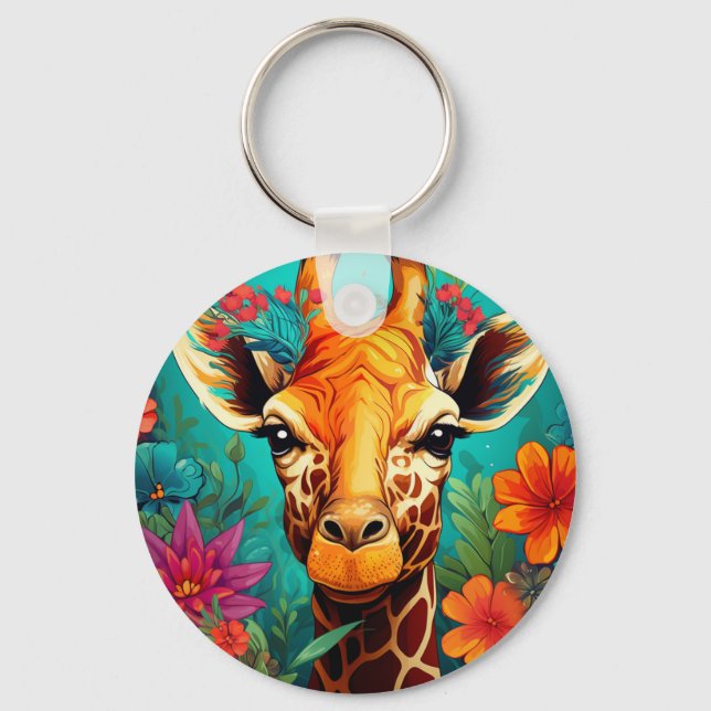 Floral Giraffe Portrait-93192 Keychain (Front)