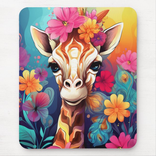 Floral Giraffe Portrait-93192 Mouse Pad (Front)