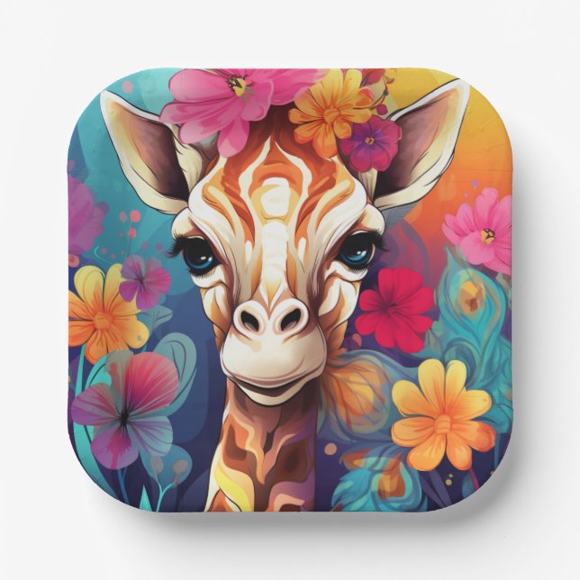 Floral Giraffe Portrait-93192 Paper Plates (Front)