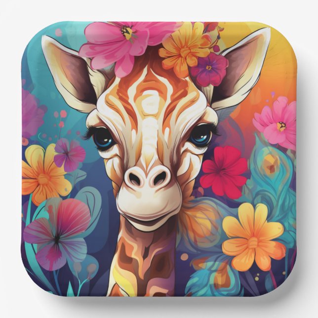 Floral Giraffe Portrait-93192 Paper Plates (Front)