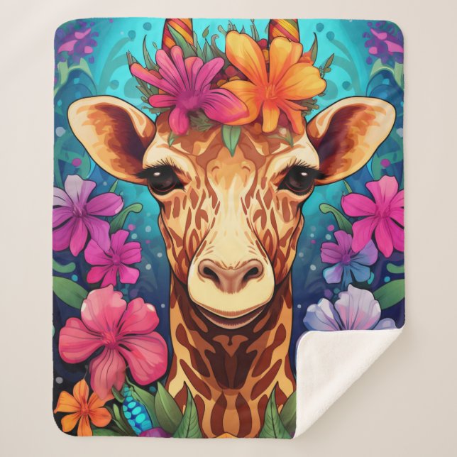 Floral Giraffe Portrait-93192 Sherpa Blanket (Front)