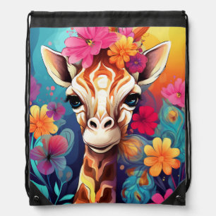 Floral Giraffe Portrait-9319 Drawstring Bag