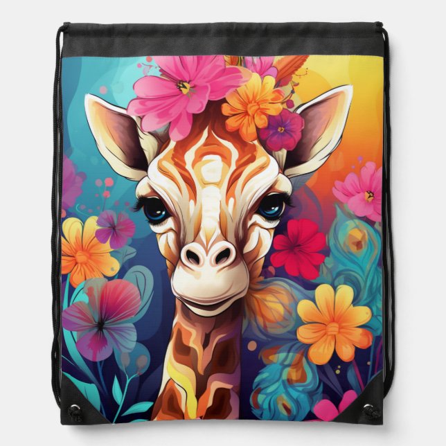 Floral Giraffe Portrait-9319 Drawstring Bag (Front)