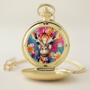 Floral Giraffe Portrait-9320 Pocket Watch