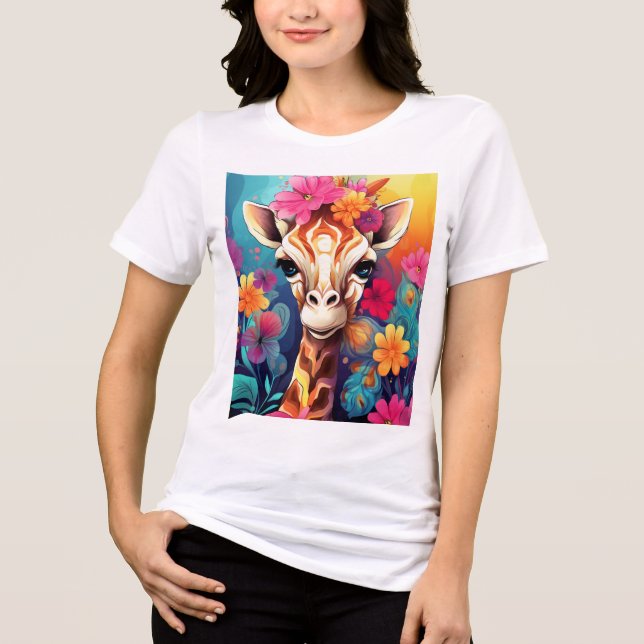 Floral Giraffe Portrait-9320 Tri-Blend Shirt (Front)