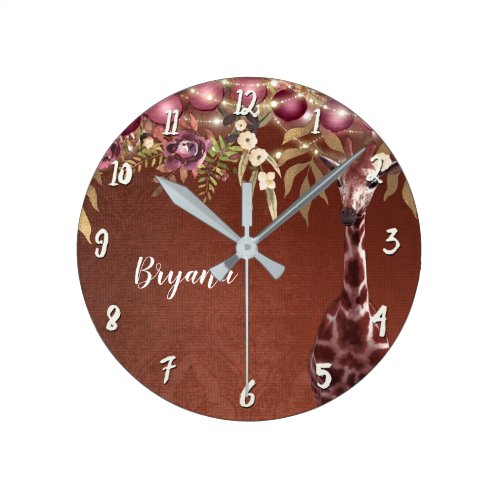 Floral Giraffe Rustic Brown Chic Personalized Round Clock